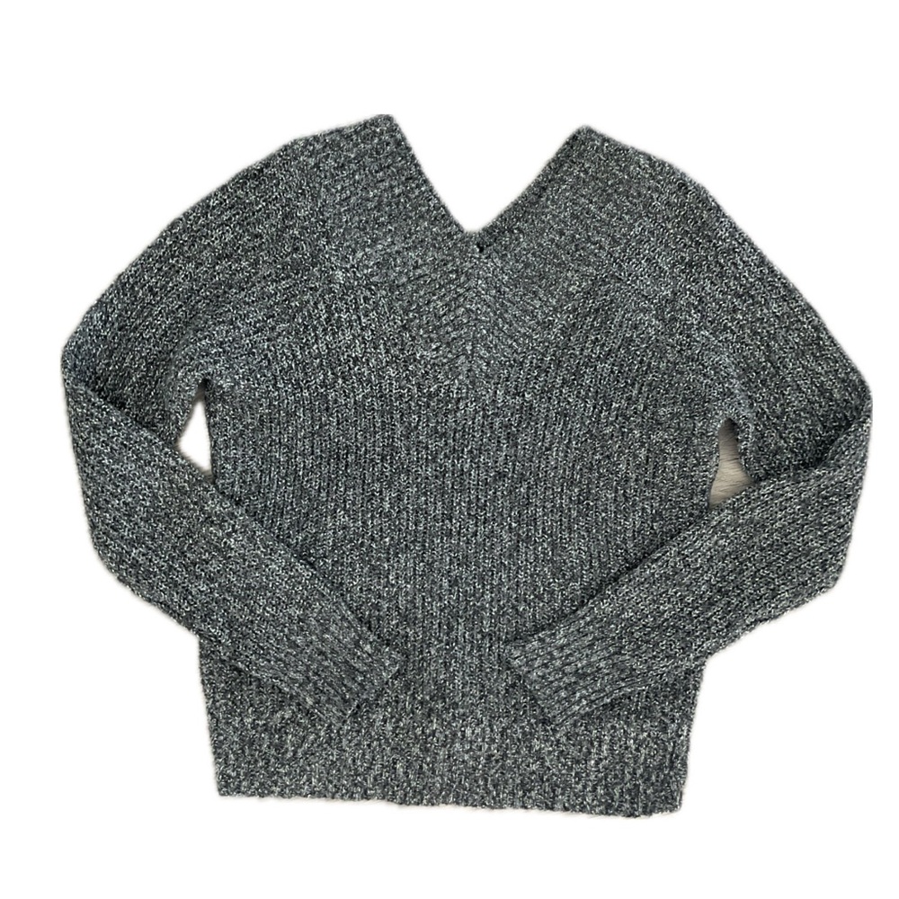 Poof! Apparel Cosy Gray Marble Double V Neck Knit Sweater.